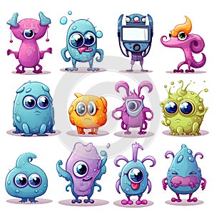 3D Cute cartoon monsters. Comic halloween joyful monster characters. Funny devil, ugly alien and smile creature flat vector set