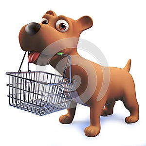 3d cute cartoon puppy dog hound holding a shopping basket in its mouth