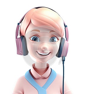 3d cute icon young female call center agent with headset. Smiling cartoon woman operator in headphones with mic working in office