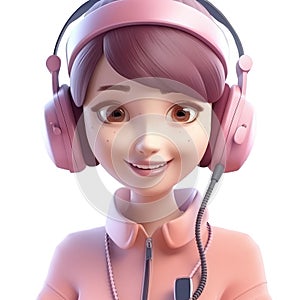 3d cute icon young female call center agent with headset. Smiling cartoon woman operator in headphones with mic working in office