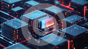 3D Data Storage Array with Highlighted Document File, 3D data storage array featuring multiple storage units