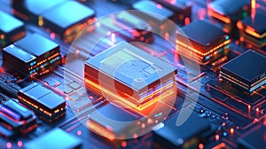 3D Data Storage Array with Highlighted Document File, 3D data storage array featuring multiple storage units