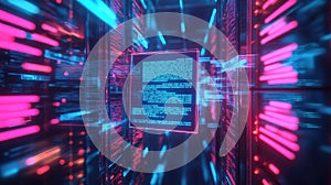 3D Data Storage Array with Highlighted Document File, 3D data storage array featuring multiple storage units.