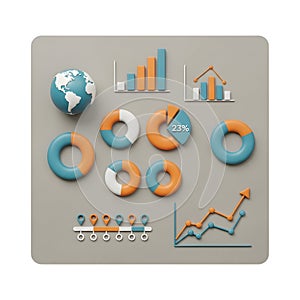 3 D data visualization elements including globe bar charts pie charts and line graphs