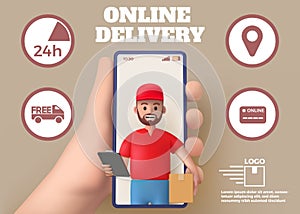 3D delivery icons. Online order in mobile phone. Smartphone screen. Courier logistic application. Deliveryman holding photo