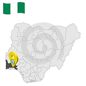 Location Ogun State on map Nigeria. 3d Ogun location sign. Flag of Nigeria. photo