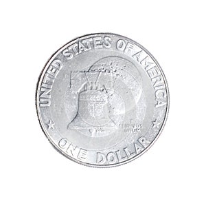 1776 - 1976 D Denver mint Dwight D Eisenhower IKE Liberty Bell with moon Silver on reverse side One Dollar Us Bicentennial silver photo