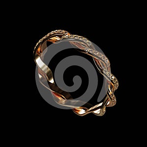 3D design of gold twisted ring with diamonds surrounding the ring on isolated background.