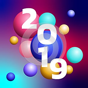 Trojrozměrný 2019šťastný nový barvitý bublina.slavnostní pojistné šablona dovolená blahopřejná pohlednice.šťastný nový 