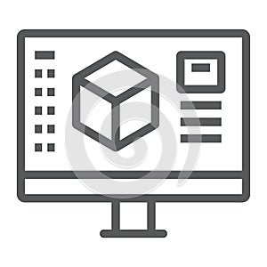 3d design line icon, model and computer, 3d modeling sign, vector graphics, a linear pattern on a white background.
