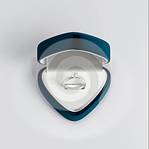 3D design platinum diamond ring in open blue velvet jewelry box on white background