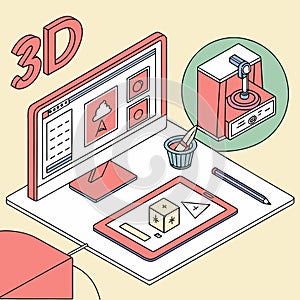 3D design and printing illustration with computer and software