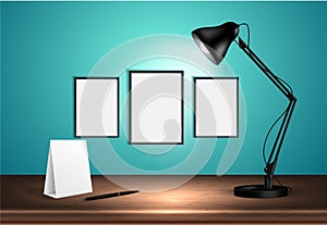 3d desk lamp on wooden table lights up empty posters on a wall. Vector illustration. Copy space for text template.