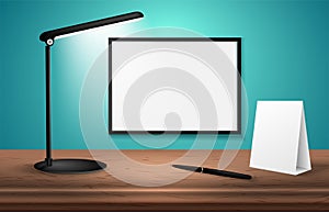 3d desk lamp on wooden table lights up empty posters on a wall. Vector illustration. Copy space for text template.