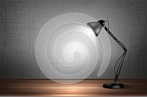 3d desk lamp on wooden table lights up empty wall. Vector illustration. Copy space for text template.