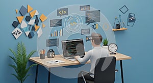 3D developer character coding on a laptop in a modern office with digital interface elements