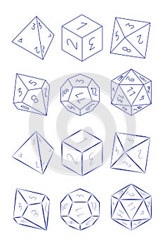 D4, D6, D8, D10, D12, and D20 Dice for Boardgames in Outline Style photo