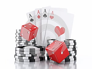 3d dice, cards and chips. Casino concept. Isolated white background