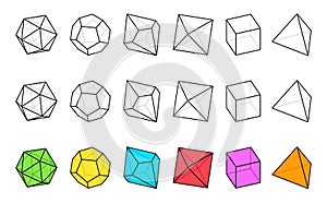 D4, D6, D8, D10, D12, and D20 Dice Icons With Hidden Lines in Outline Style photo