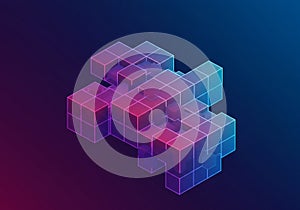 A 3D digital illustration features interconnected, transparent cubes