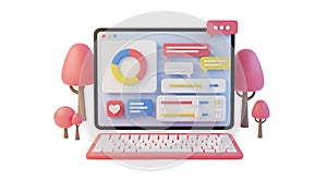 3D Digital Interface with Charts, Sliders, and Chat Bubbles