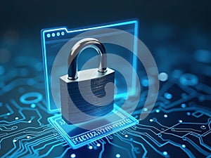 3D Digital Padlock with Web Browser Overlay Representing Internet Security Protection Concept