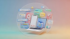 3D digital search and technology concept with smartphone, laptop, and floating UI elements on gradient background