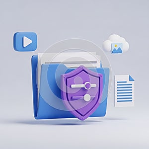 3D Digital Security Folder with Play Button Cloud Storage and Document Icons file