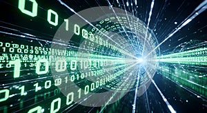3D Digital Tunnel of Binary Code Data Stream, Futuristic Technology and Information Flow