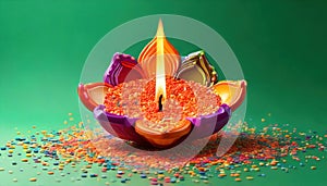 diwali diya made with colourful plastic granules, plastic granules scattered around,