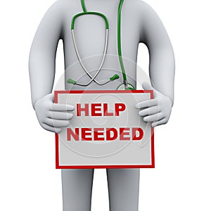 3d doctor holding help needed sign board photo