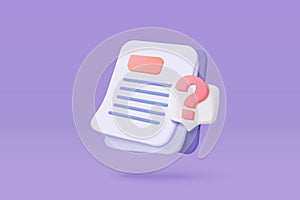 3D document list with question mark icon. paper document sheet missing with speech bubble question sign or ask FAQ and QA answer