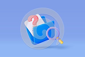 3D document list with question mark icon. paper document sheet missing with speech bubble question sign or ask FAQ and QA answer