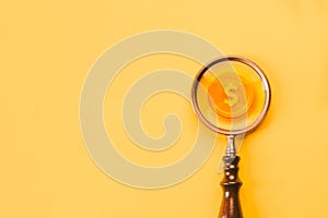 3D dollar coin and magnifying glass. Business and financial, find investment funds for business project.