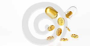 3d drug money isolated on white background abstract. Open medical capsule with pouring dollar sign. 3d render design for finance,