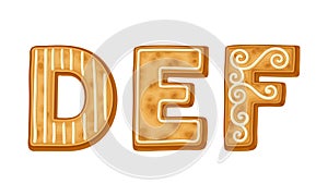 D,E,F letters covered by icing sugar. Ginger cookies Christmas alphabet cartoon vector illustration