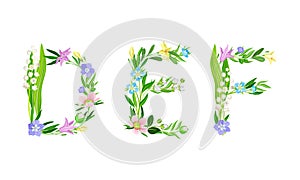 D,E,F uppercase letters made of leaves and flowers. Floral alphabet for wedding, invitation greeting card design cartoon