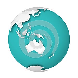 3D Earth globe with blank political map dropping shadow on blue green seas and oceans. Vector illustration