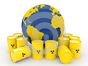 3d earth globe and radiation symbol barrels