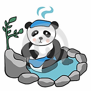 Panda shower in Japanese onsen hot spring cartoon illustration