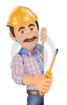 3D Electrician with a screwdriver pointing aside. Blank space photo