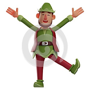 3D Elf Cartoon Character standing cross-legged with a big smile photo