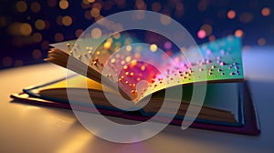 3D empty book opened on a colorful bokeh background