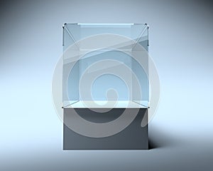 3d Empty glass showcase box for exhibit and presentation photo