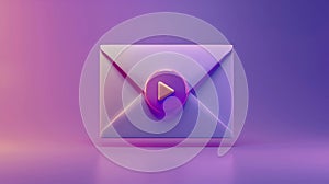 3d envelope with play button on purple gradient background, digital communication concept