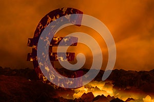 3D Euro symbol burning on lava surface