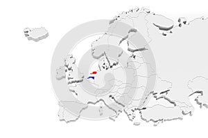 3D Europe map with marked borders - area of Belgium marked with Belgium flag