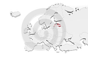3D Europe map with marked borders - area of Latvia marked with Latvia flag