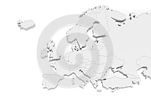 3D Europe map with marked borders - area of Luxembourg marked with Luxembourg flag