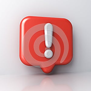 3d Exclamation mark in 3d red social media notification pin icon isolated on white wall background